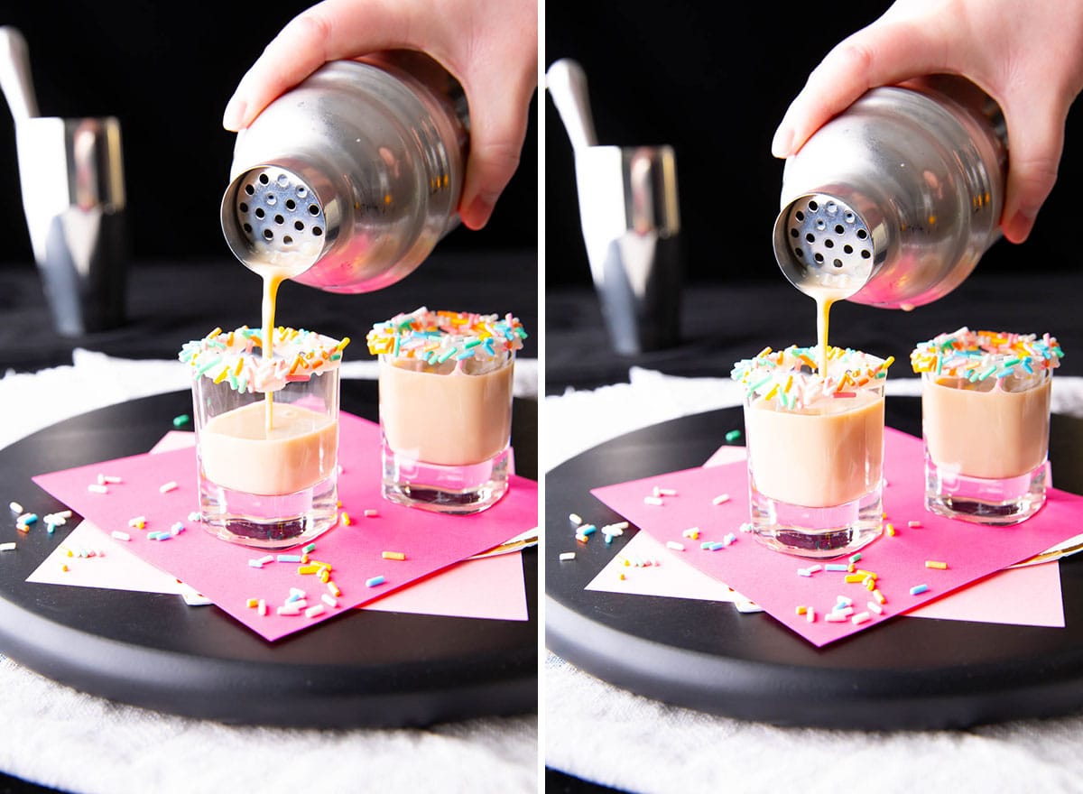 Two photos showing How to Make Birthday Cake Shots – pouring shot mixture from cocktail shaker into sprinkled coated shot glasses
