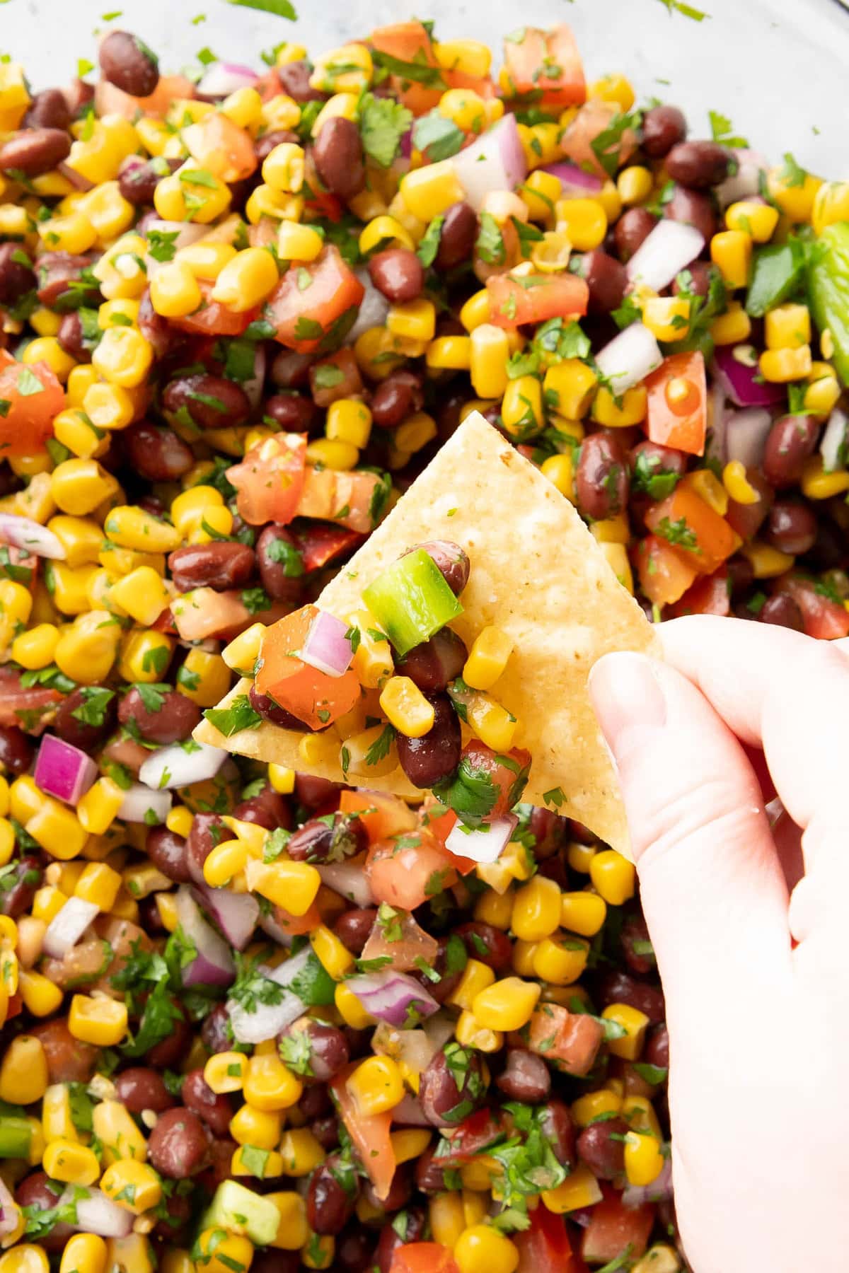 tortilla chip dipping into a bowl of this Mexican-inspired side