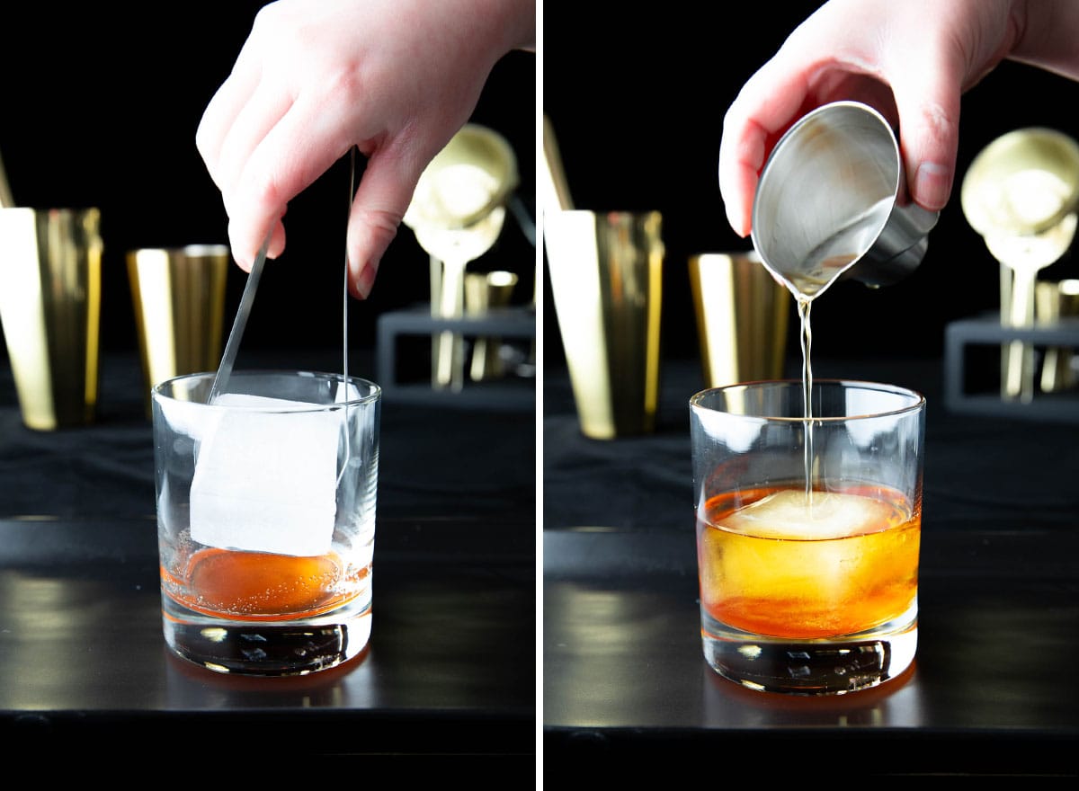 Two photos showing How to Make an Old Fashioned – dropping an ice cube and adding whiskey to the cocktail