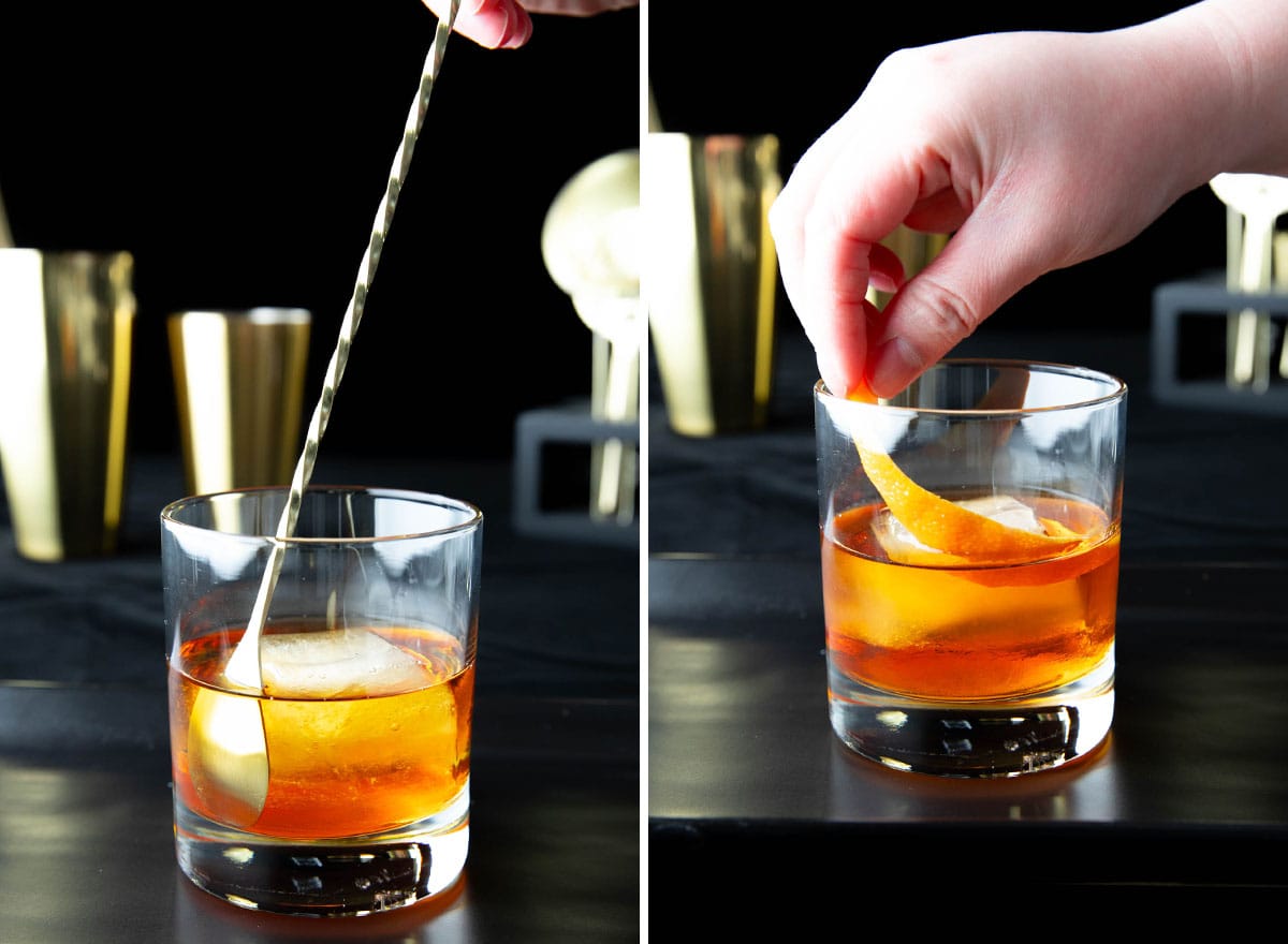Two photos showing How to Make this whiskey cocktail – stirring the cocktail and adding garnish