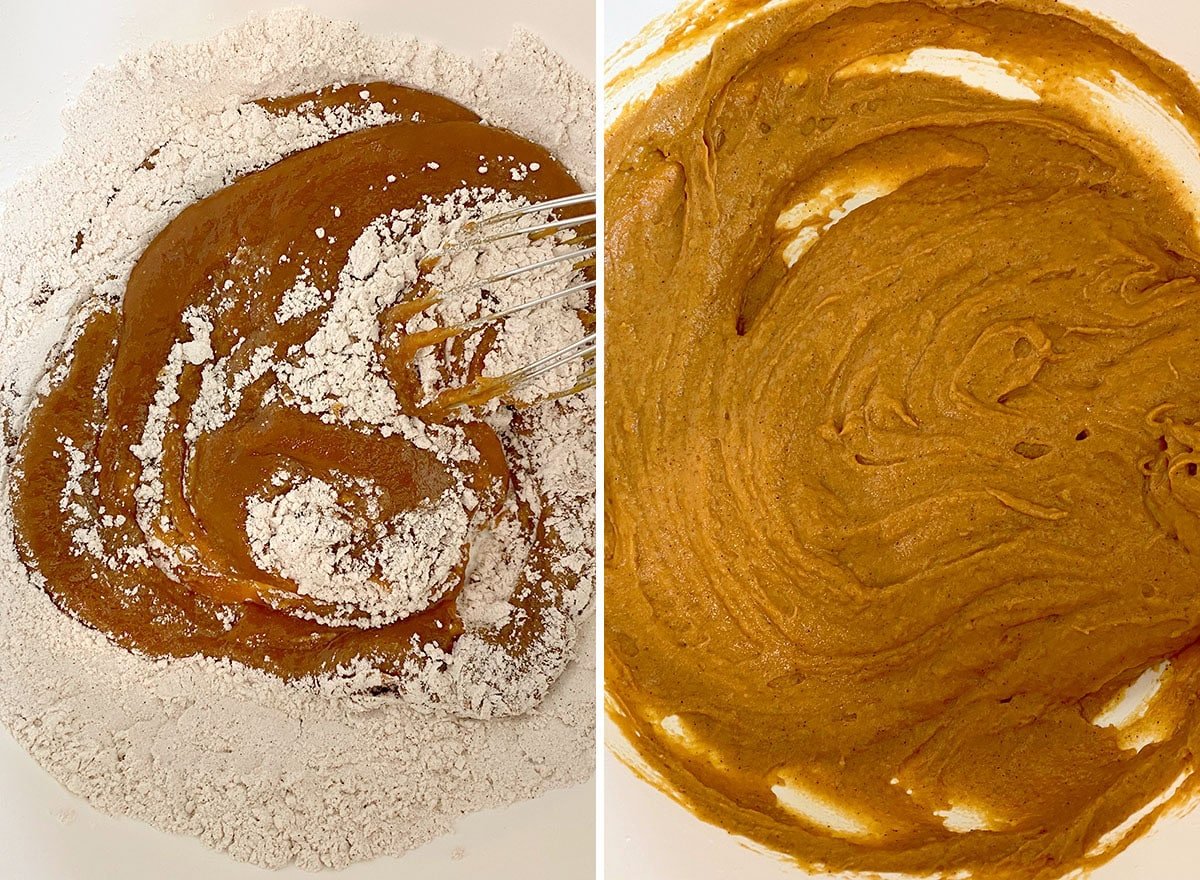 Two photos showing How to Make Pumpkin Donuts – combining wet and dry ingredients to make donut batter