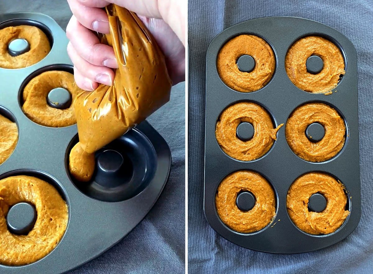Two photos showing How to Make Pumpkin Donuts – filling donut pan with batter