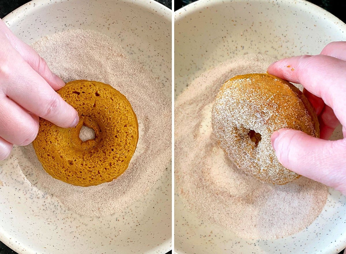 Two photos showing How to Make Baked Pumpkin Donuts – coating donuts in cinnamon sugar