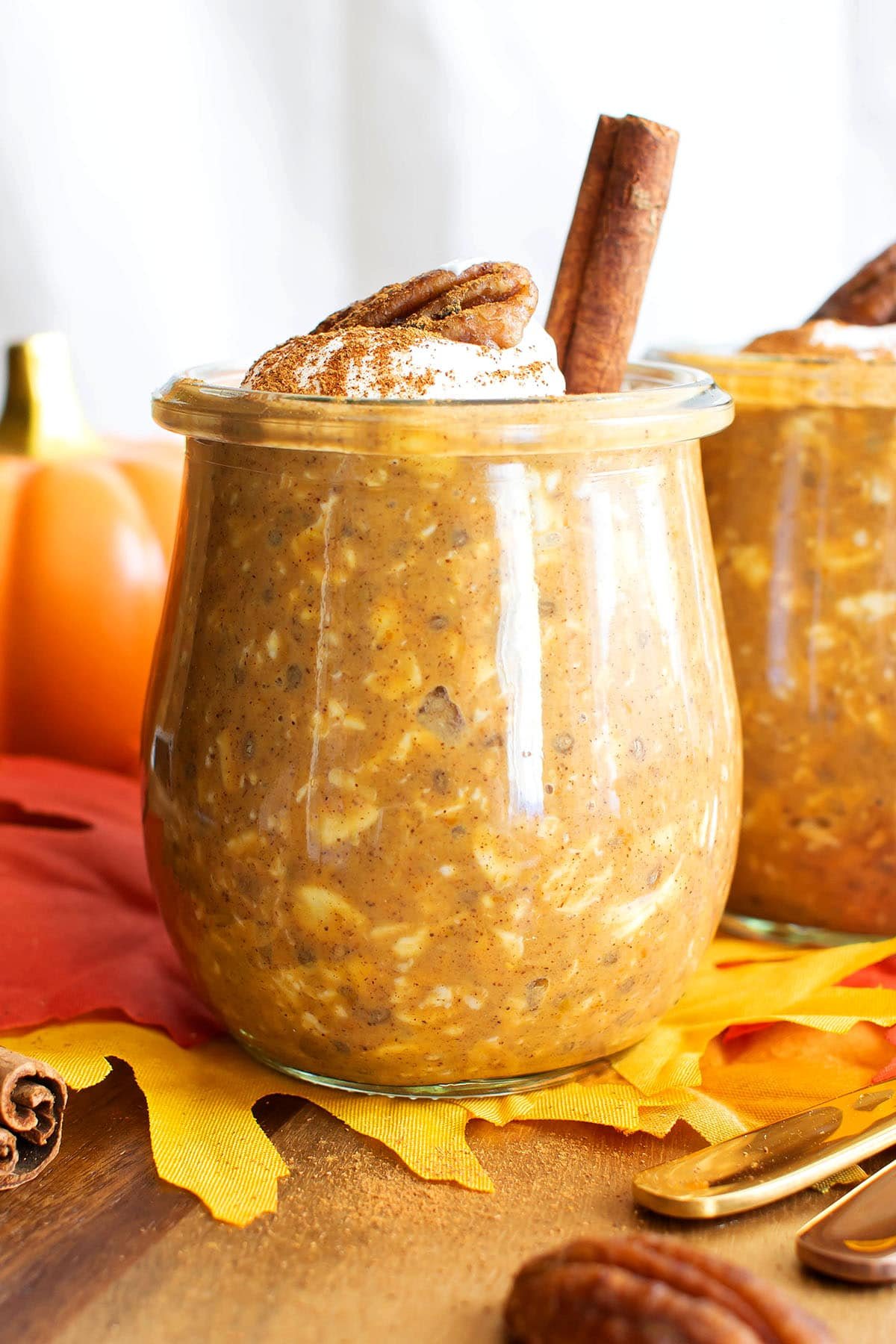 close up of pumpkin overnight oats shows the creamy texture that comes from refrigerating overnight