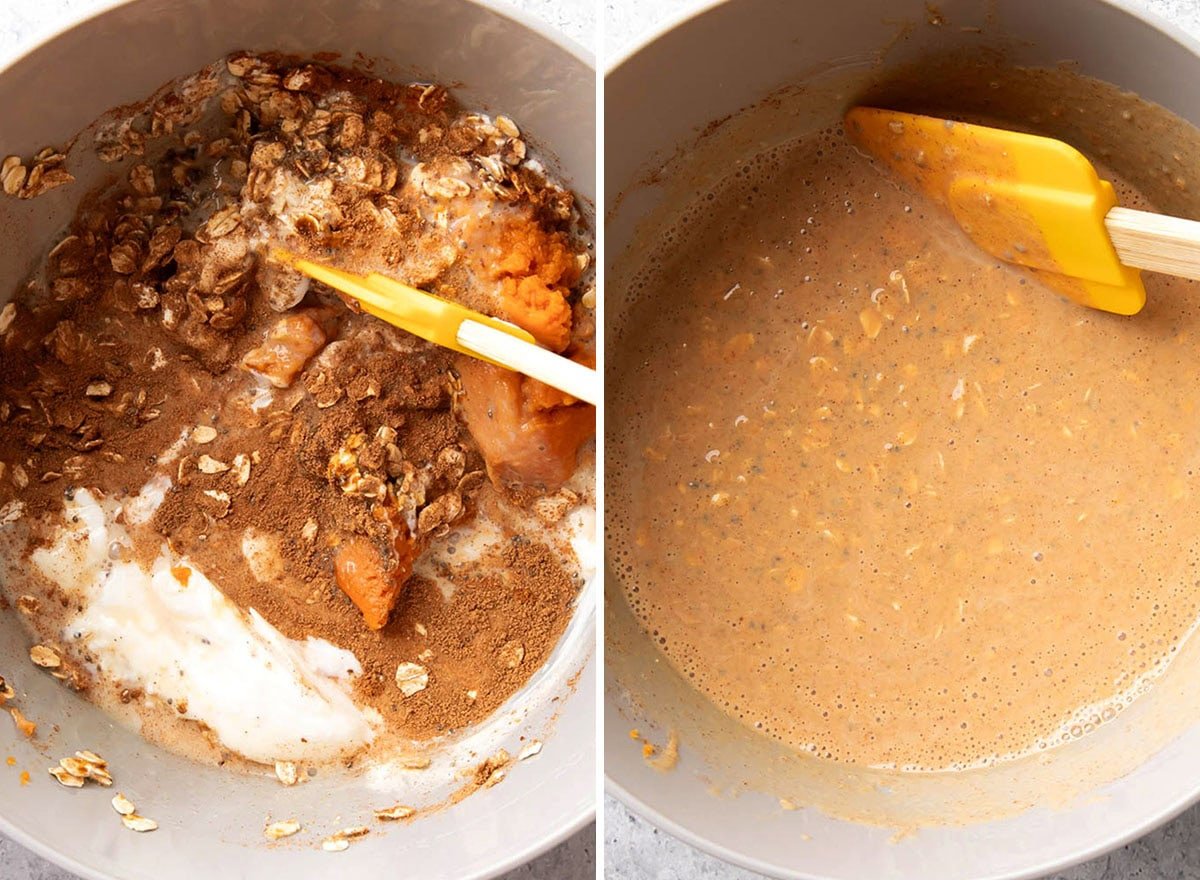 Two photos showing How to Make Pumpkin Overnight Oats - stirring the mixture together until well mixed.
