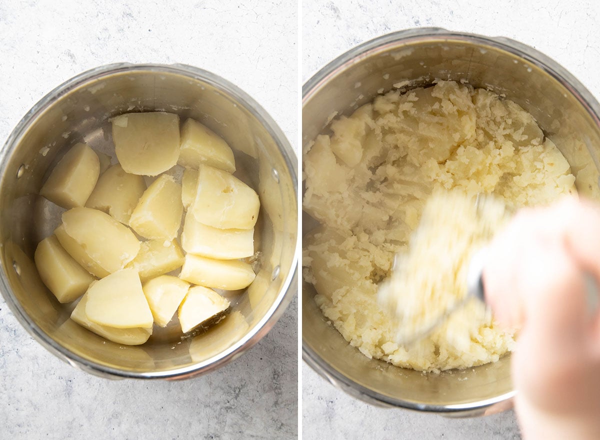 Two photos showing How to Make this Thanksgiving side dish recipe – cooking and mashing the ingredients