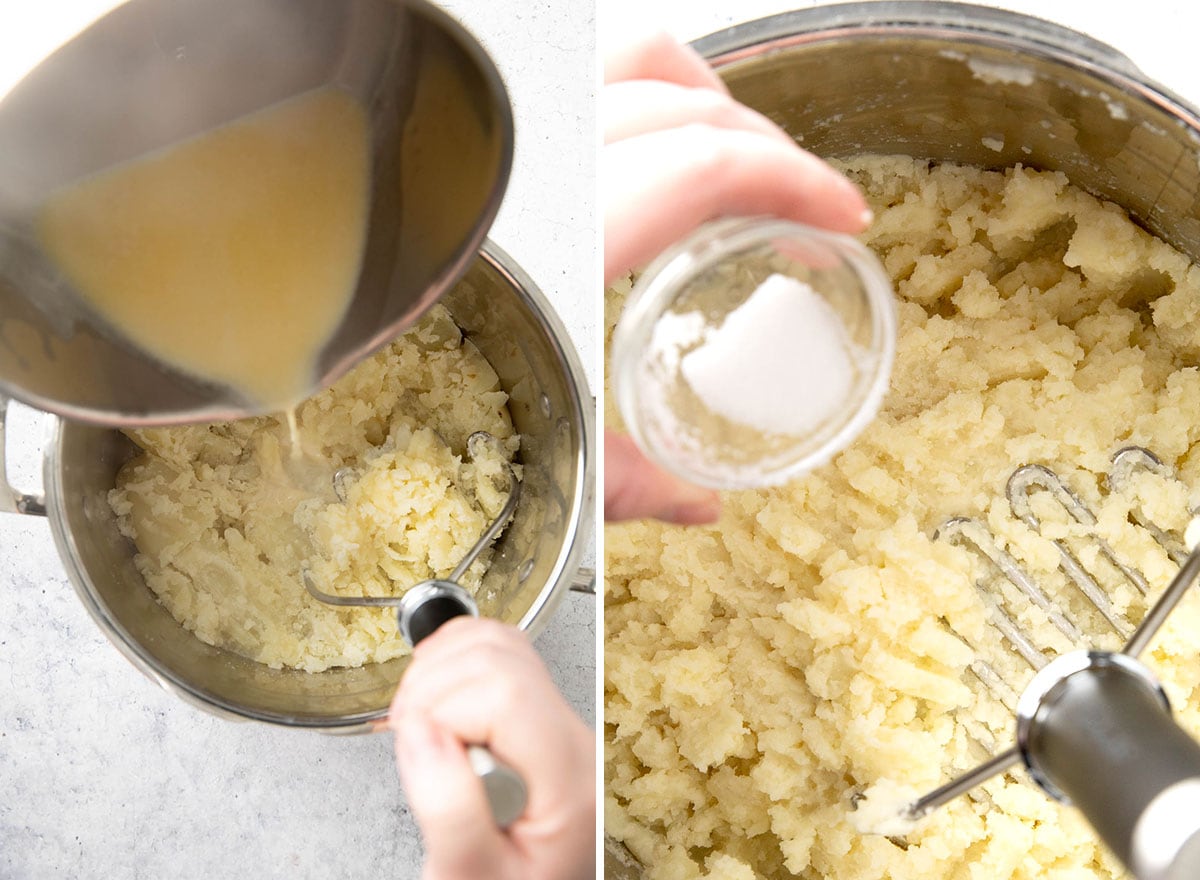 Two photos showing How to Make this Thanksgiving side dish recipe – adding butter, milk, and salt