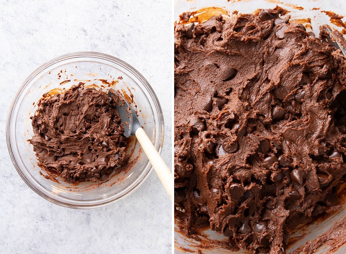 Two photos showing How to Make this fudgy baked goods recipe – moist cookie dough all done with fudgy texture and bursting with loads of chocolate