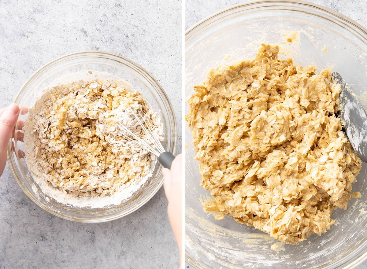 Two photos showing How to Make Cinnamon Oatmeal Cookies – combining the wet and dry ingredients to make the cookie dough