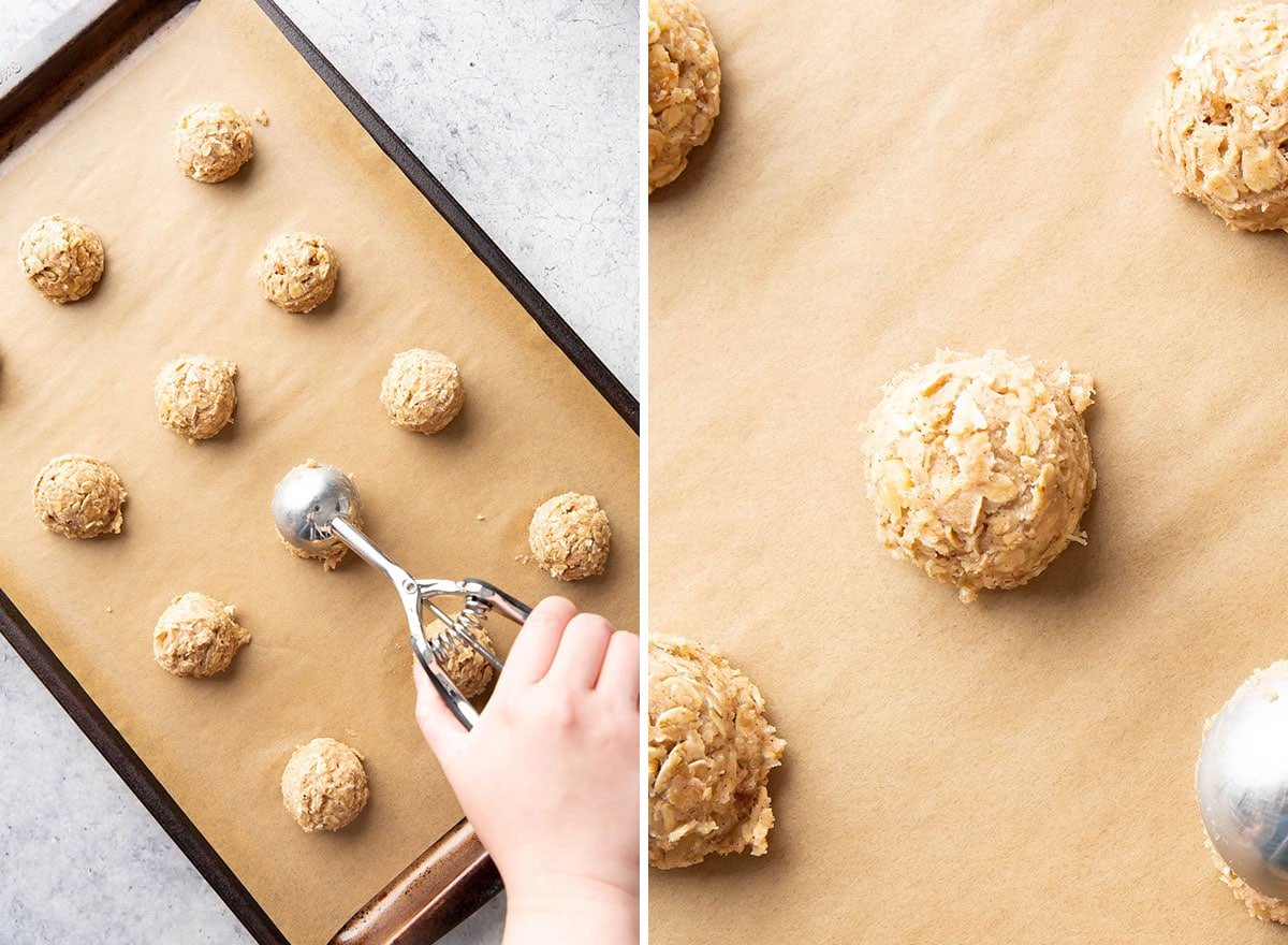 Two photos showing How to Make this baked dessert recipe – scooping and dropping cookie dough onto lined baking sheet