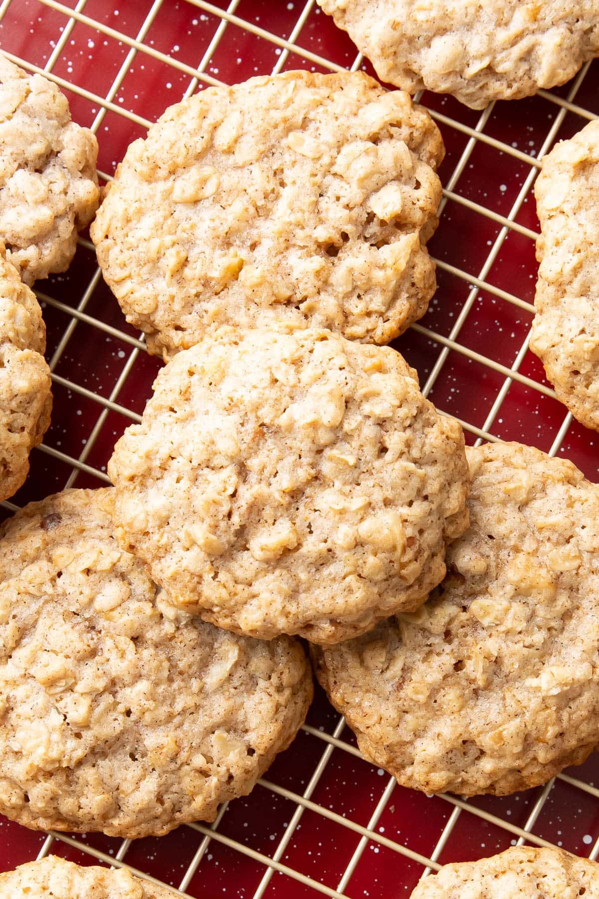 Close up of baked good to showcase texture of oats, crisp edges, and chewy centers