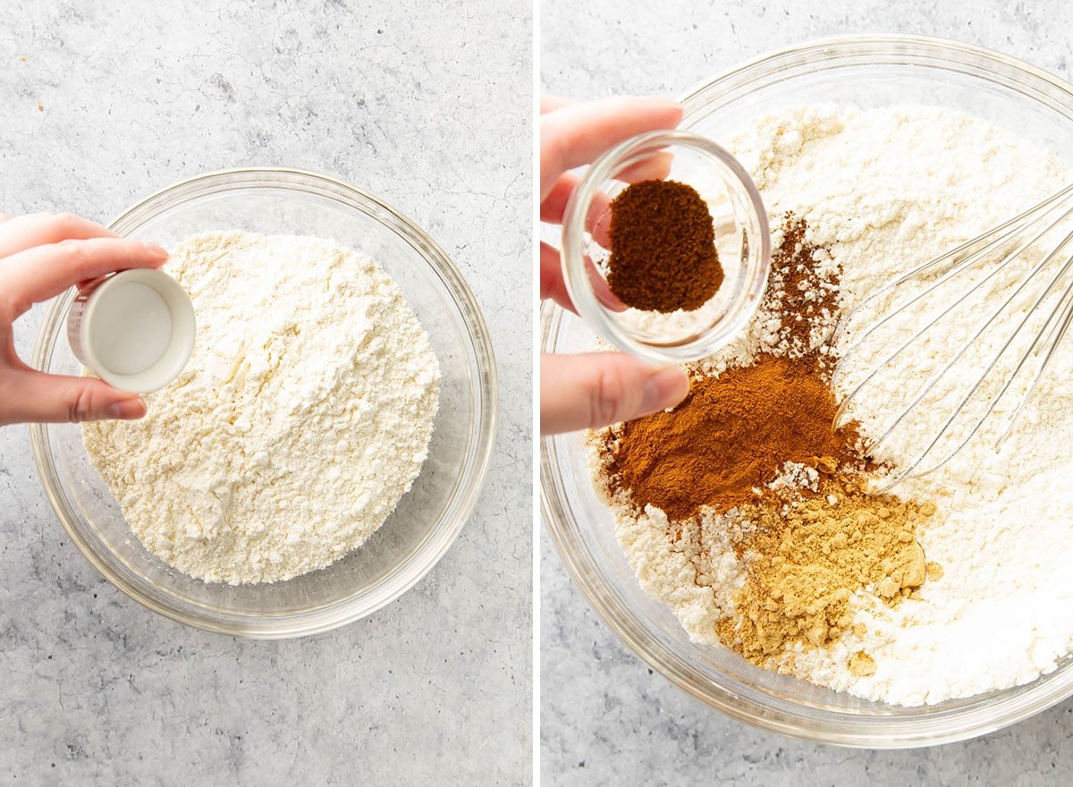Two photos showing How to Make Gingersnaps – whisking together flour, baking soda, cinnamon, cloves, ginger, and salt.