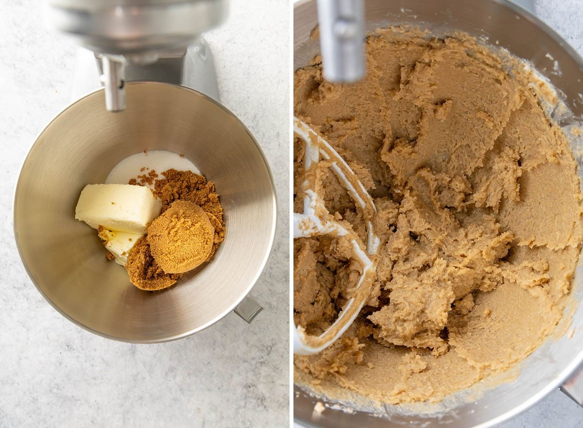 Two photos showing How to Make Gingersnaps – creaming the butter, granulated sugar, and brown sugar in a stand mixer