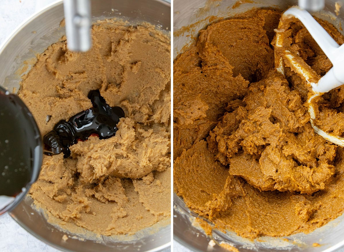 Two photos showing How to Make this Gingersnap Cookie Recipe – adding molasses to the cookie dough