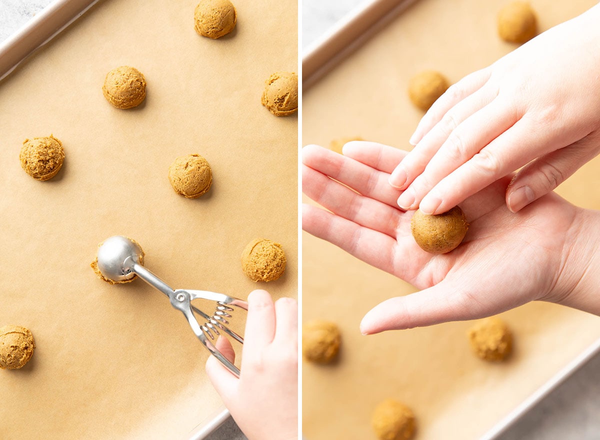 Two photos showing How to Make this molasses and spiced baked good – scooping and rolling balls of dough