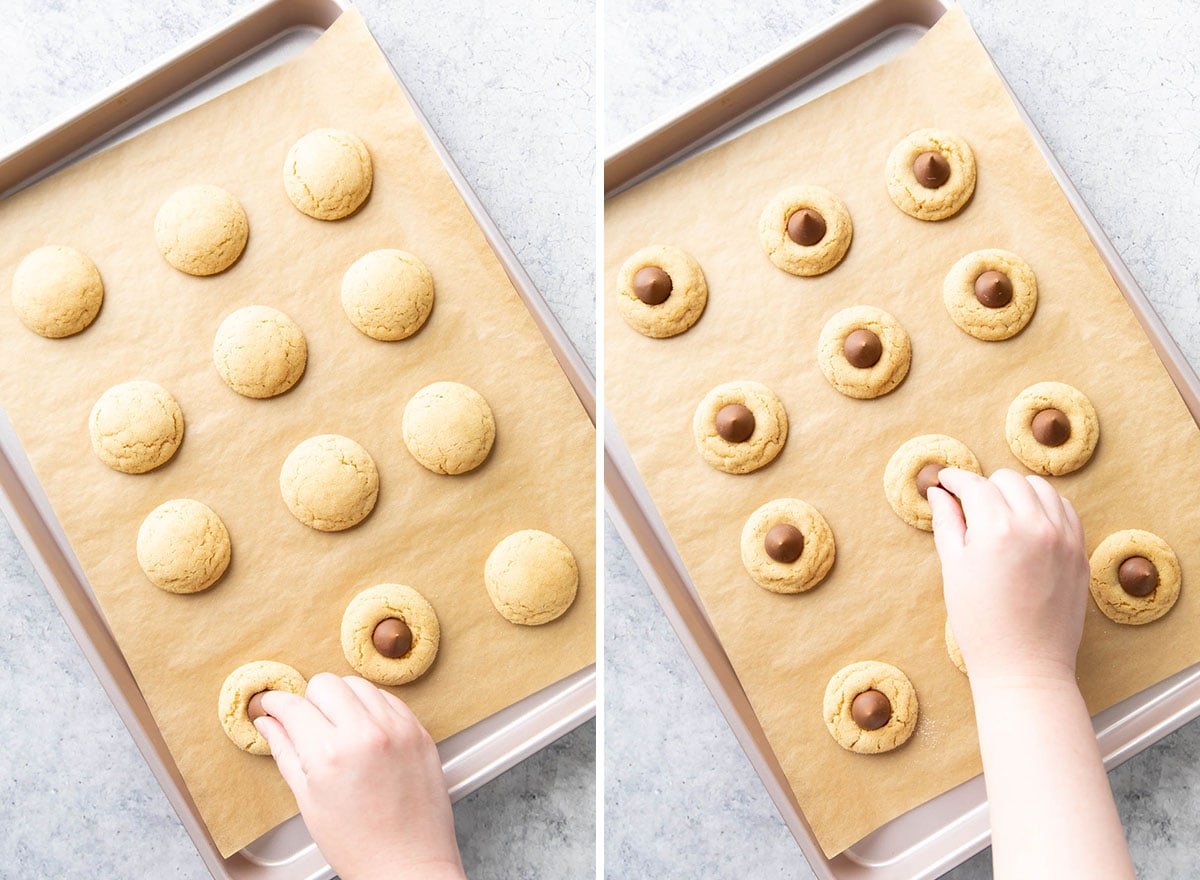 Two photos showing How to Make these peanut butter cookies with chocolate kisses – pressing hersheys kisses into each semi-baked cookie