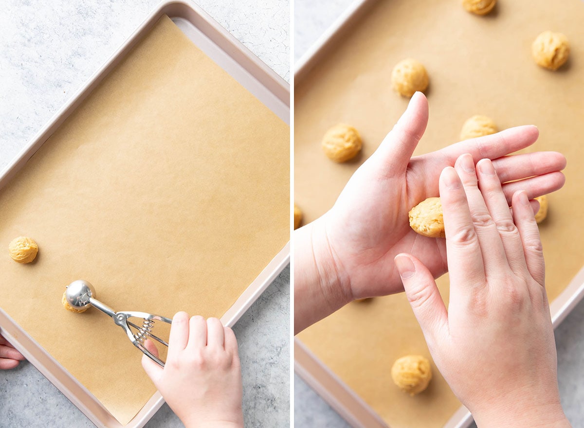 Two photos showing How to Make these Christmas treats – scooping and rolling cookie dough into spheres