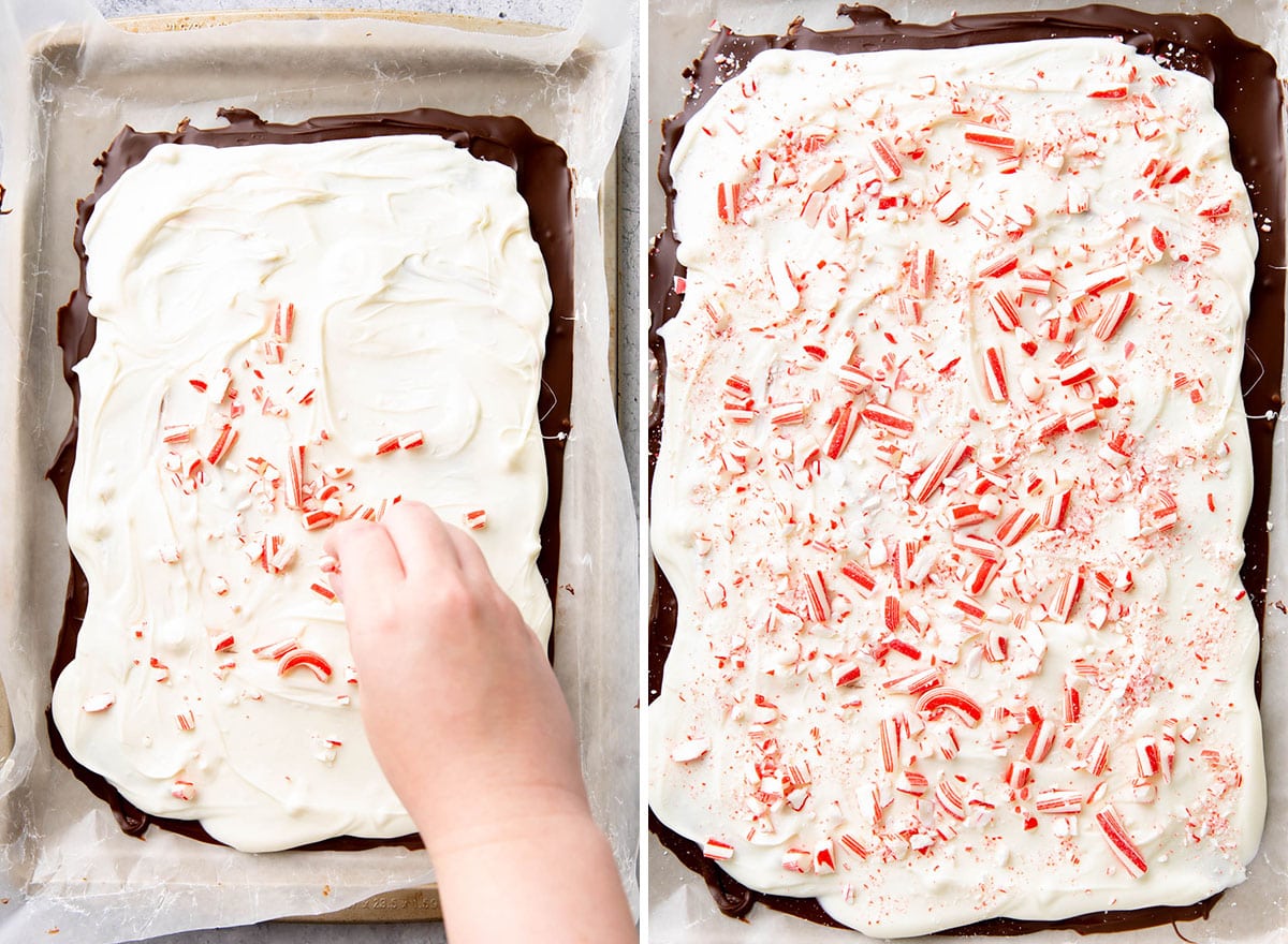Sprinkling and pressing crushed candy cane topping over white chocolate layer