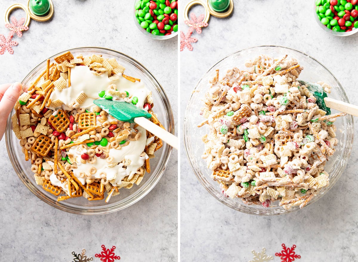Two photos showing How to Make Reindeer Chow – stirring and coating dry mix with white chocolate