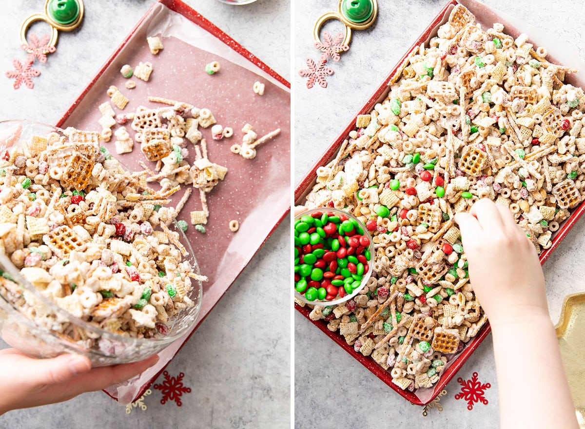 Two photos showing How to Make this Christmas snack mix – pouring onto lined baking sheet to cool and harden and adding red and green M&M’s