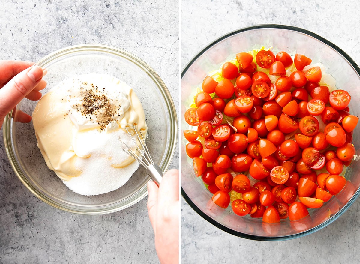 Two photos showing How to Make 7 Layer Salad - whisking the dressing and adding the lettuce and tomato layers.