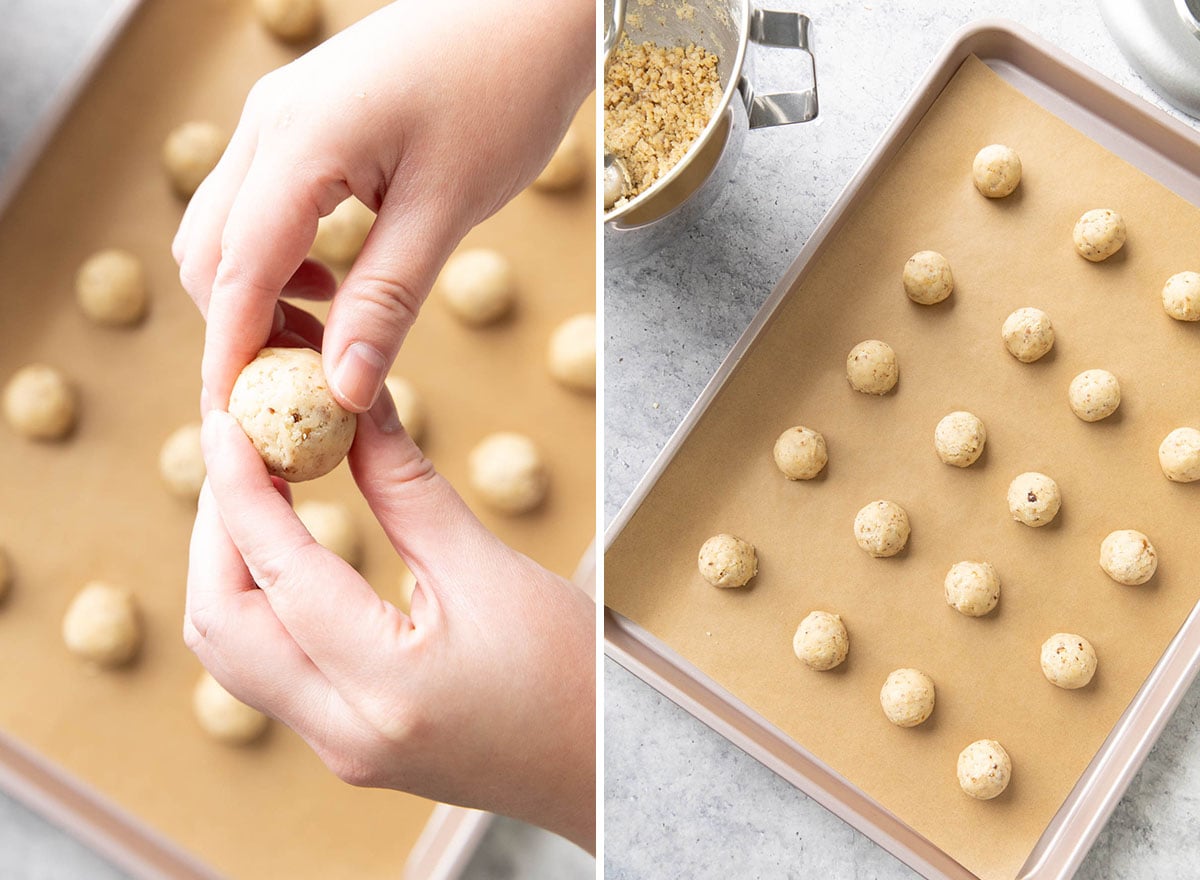 Using fingers to press the cookie dough balls into spheres and spacing evenly apart on the baking sheet