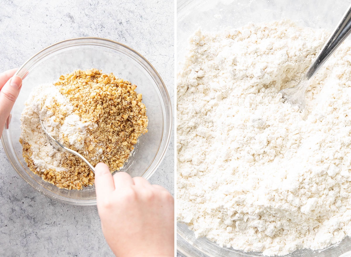 Two photos showing How to Make Snowball Cookies – mixing together dry ingredients including flour, walnuts, and salt.