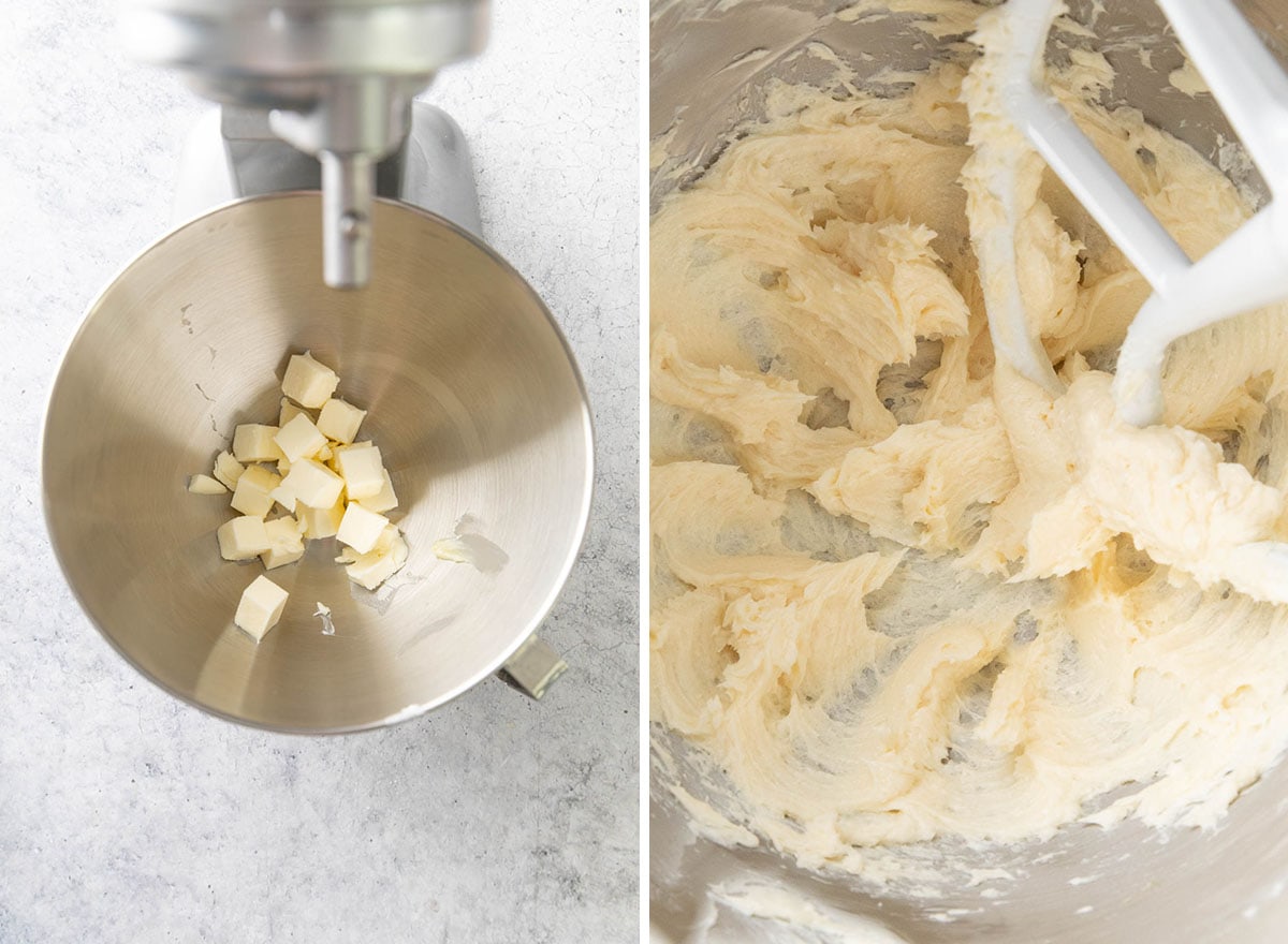 Two photos showing how to make buttery snowballs cookies with walnuts - creaming cubed butter