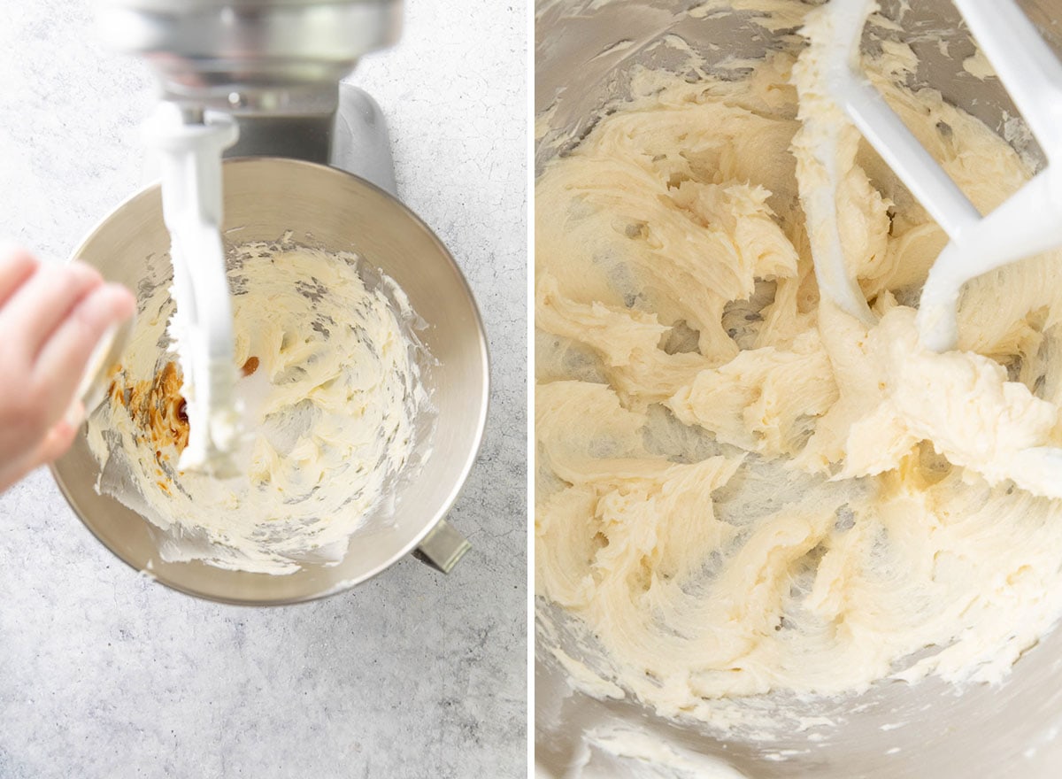 Two photos showing How to Make Snowball Cookies – beating in granulated sugar and vanilla