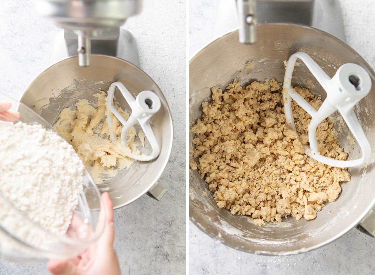 adding dry ingredients to creamed butter to make cookie dough for Christmas cookies with walnuts