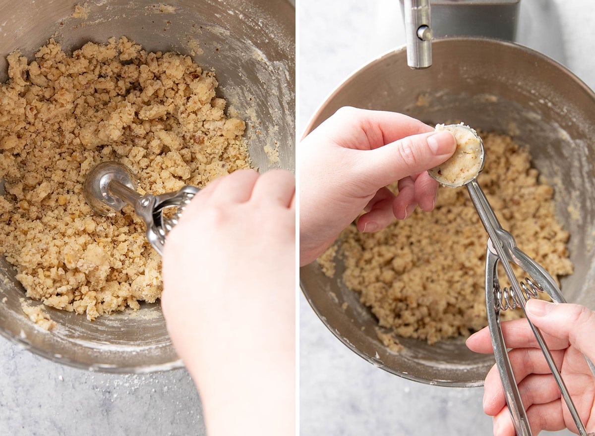 Two photos showing How to Make this Christmas cookie recipe – scooping and packing cookie dough balls