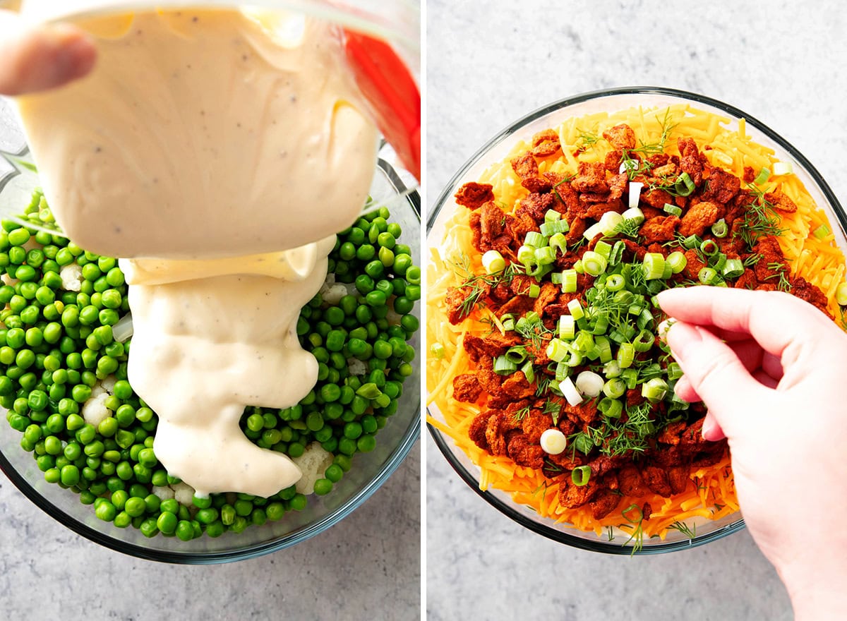 Two photos showing How to Make 7 Layer Salad - Pouring mayonnaise dressing over the pea salad and adding cheddar cheese, bacon, and green onion toppings.