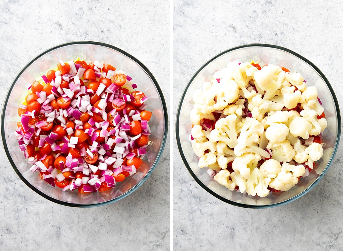 Two photos showing How to Make Seven Layer Salad - adding red onions and cauliflower layers.