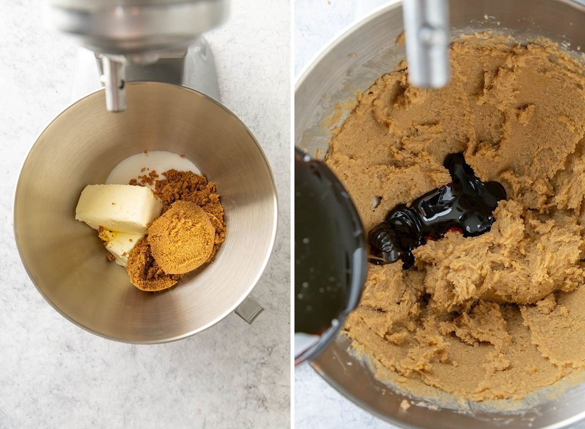 Two photos showing How to Make crispy gingersnap cookies – creaming the butter, granulated sugar, and brown sugar in a stand mixer. Adding in molasses.