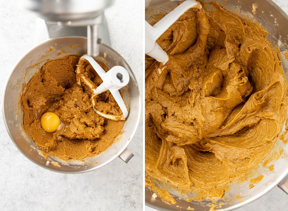 Two photos showing How to Make this Christmas spiced treat recipe – beating in egg
