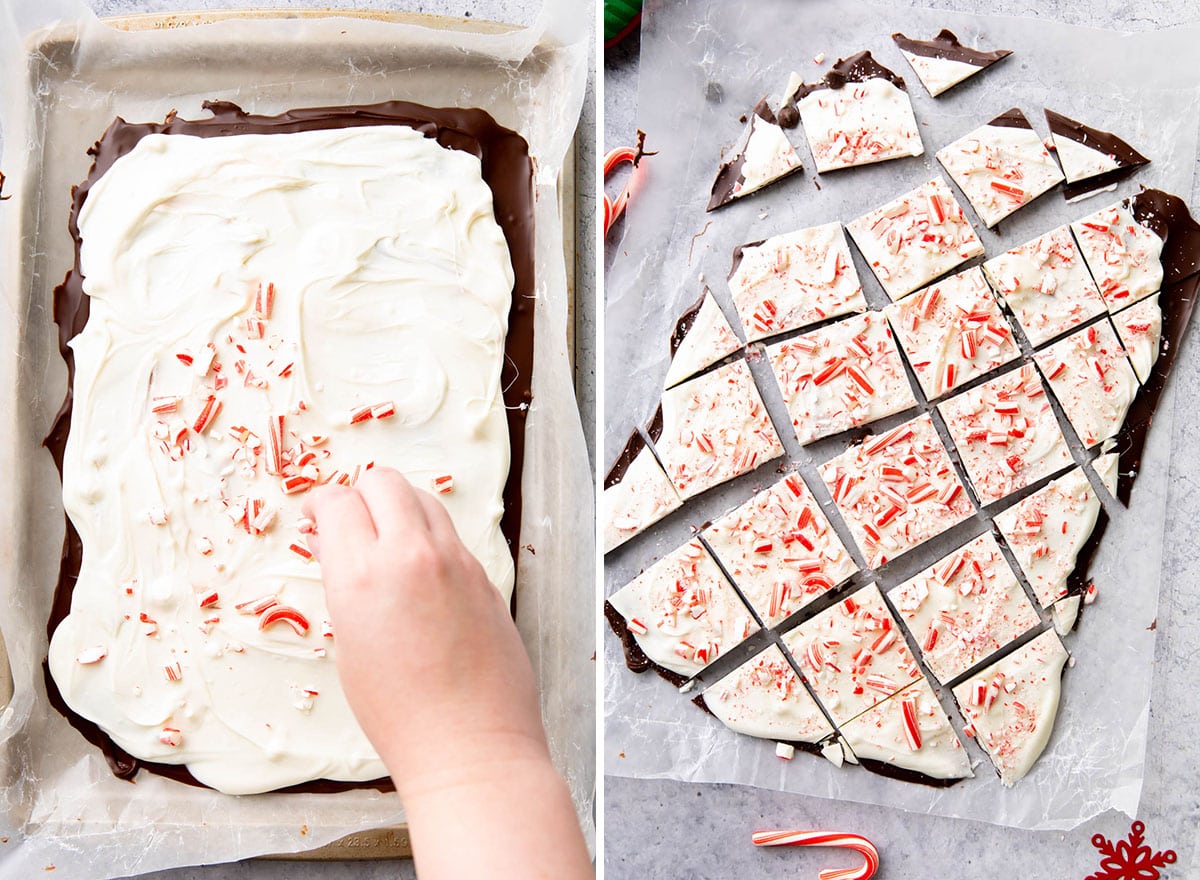 Two photos showing How to Make this Christmas candy recipe - sprinkling crushed candy canes over chocolate, then slicing into pieces