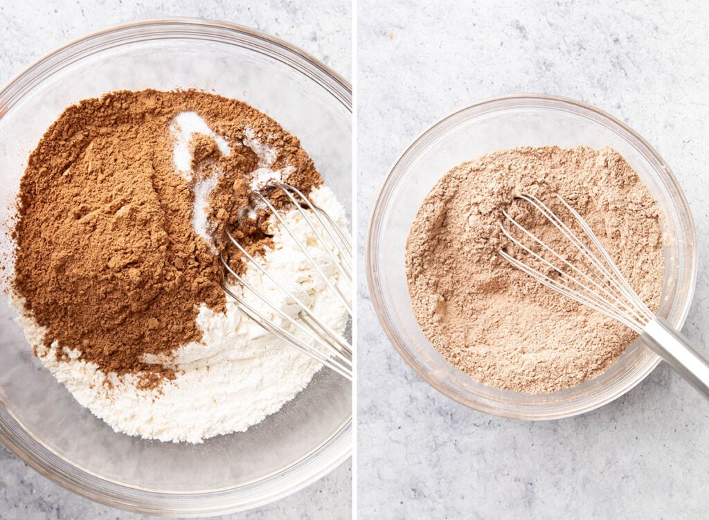 Two photos showing How to Make Brownie Bites – whisking flour, cocoa powder, baking soda, and salt in a mixing bowl