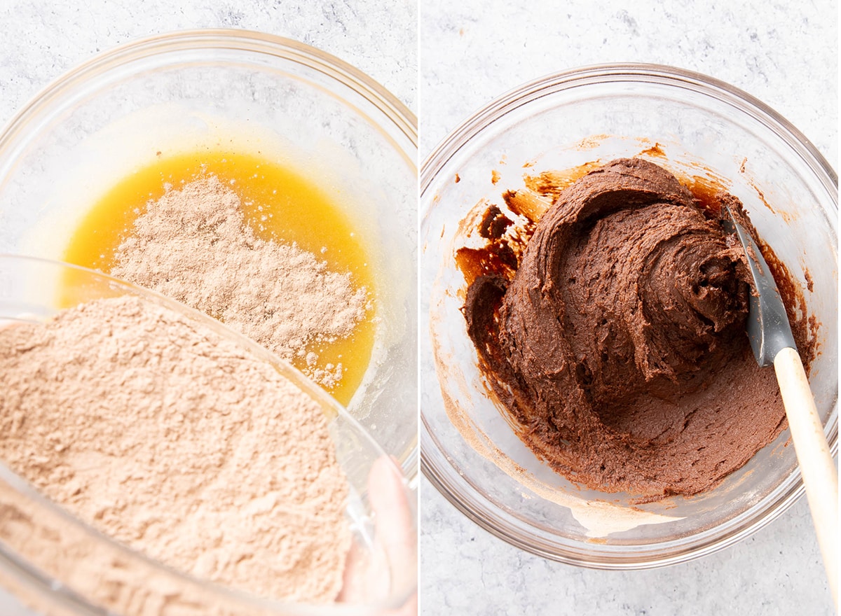Two photos showing How to Make Brownie Bites – pouring dry ingredients over wet ingredients, then stirring and folding to make brownie batter.