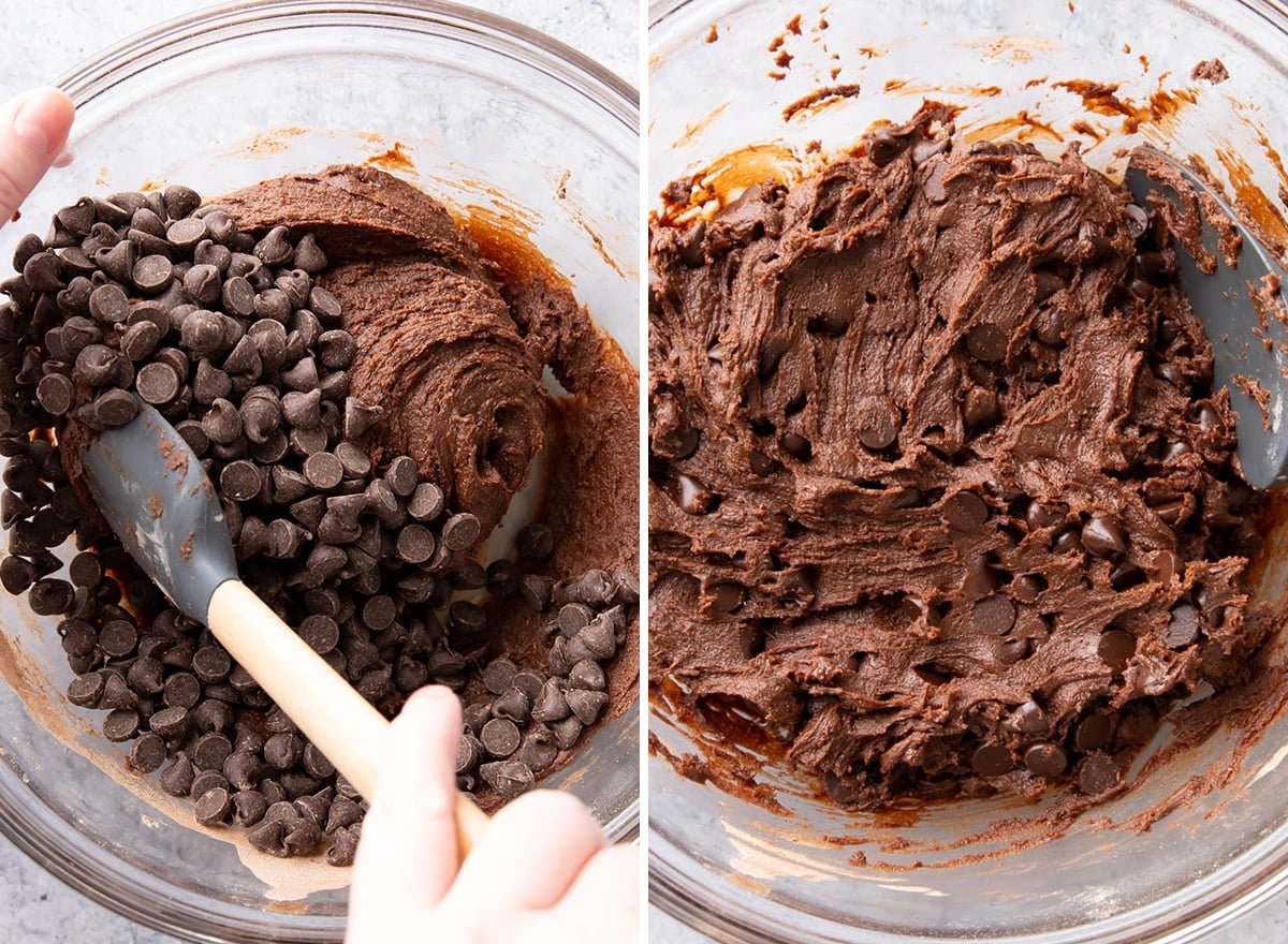 Two photos showing How to Make Mini Brownie Bites Recipe – folding in chocolate chips