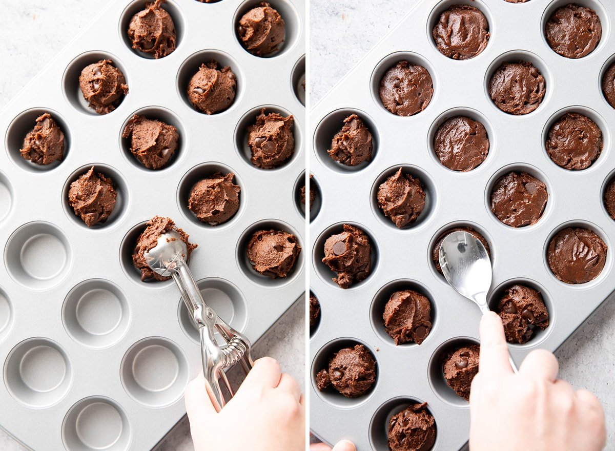 Two photos showing How to Make this chocolate dessert recipe – scooping the batter into baking pan cups and smoothing into an even layer