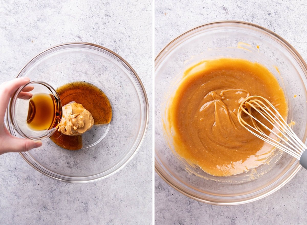 Two photos showing How to Make Cereal Bars – whisking together peanut butter and maple syrup to create sticky mixture for bars
