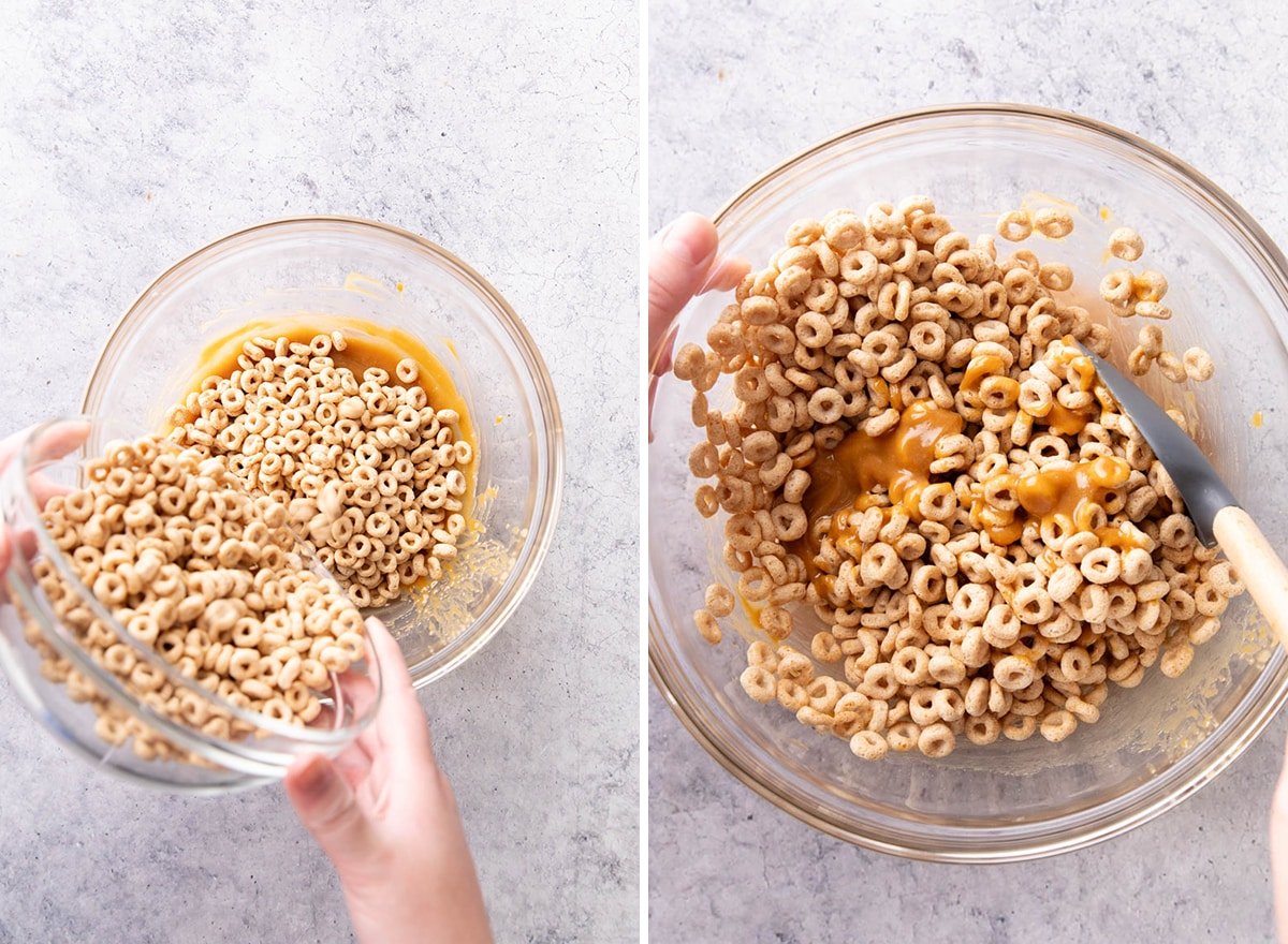Two photos showing How to Make Cereal Bars – pouring cereal into mixing bowl with sweet mixture