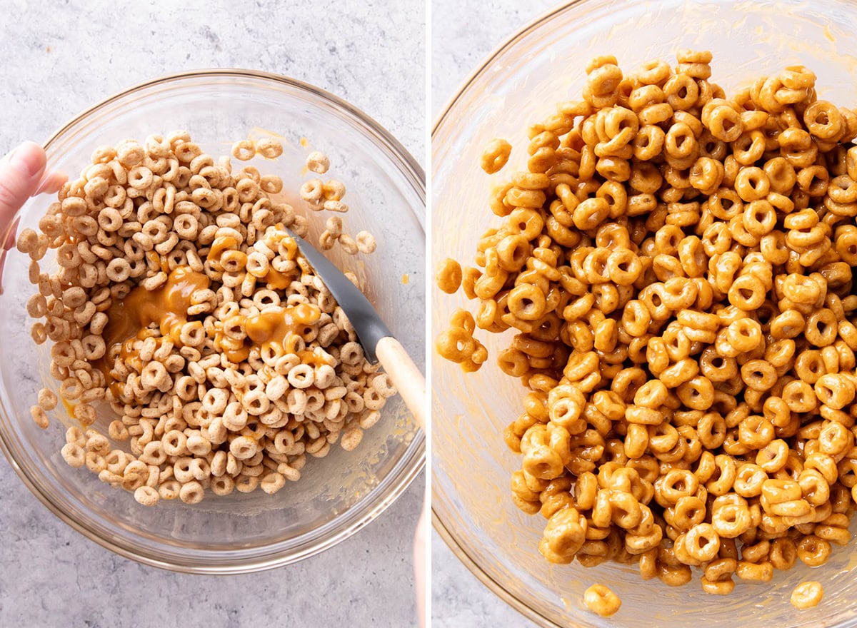 Two photos showing How to Make Cereal Bars – pouring cereal into mixing bowl and folding to coat