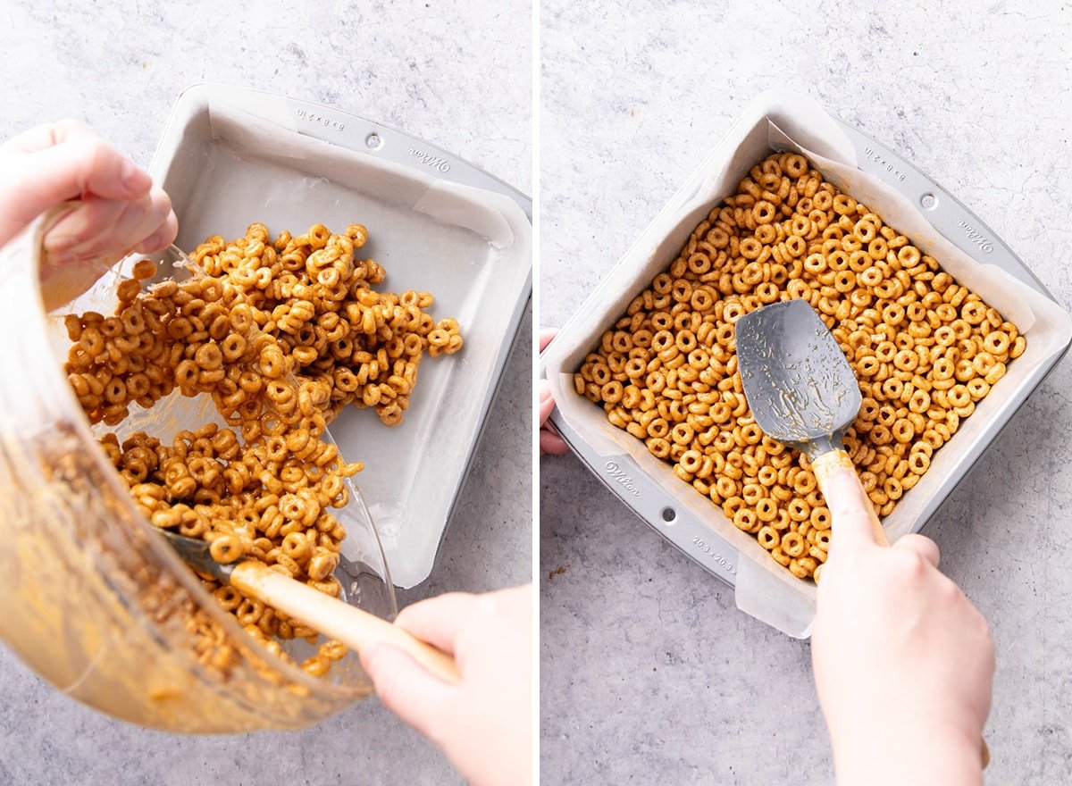 Two photos showing How to Make this breakfast recipe – pouring mixture into lined pan and smoothing into an even layer