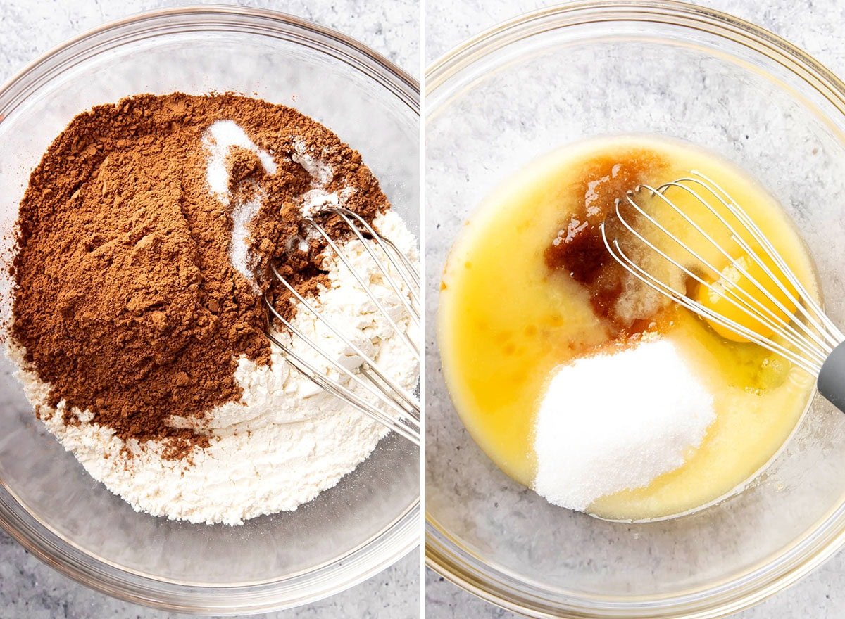 Two photos showing How to Make Brownie Bites - whisking dry ingredients and wet ingredients in mixing bowls.