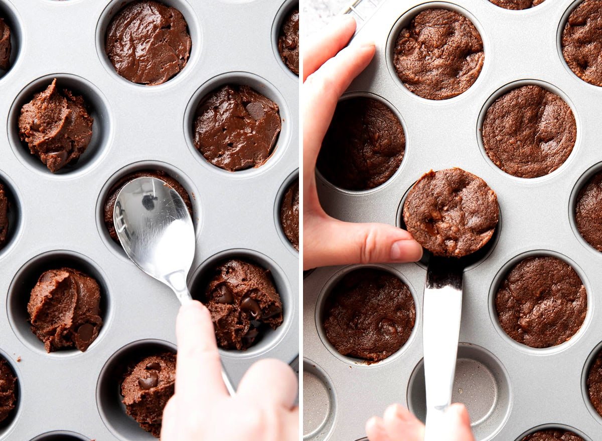 Two photos showing How to Make Brownie Bites - using a spoon to smooth thick batter into pan and lifting out with a butter knife after baking.