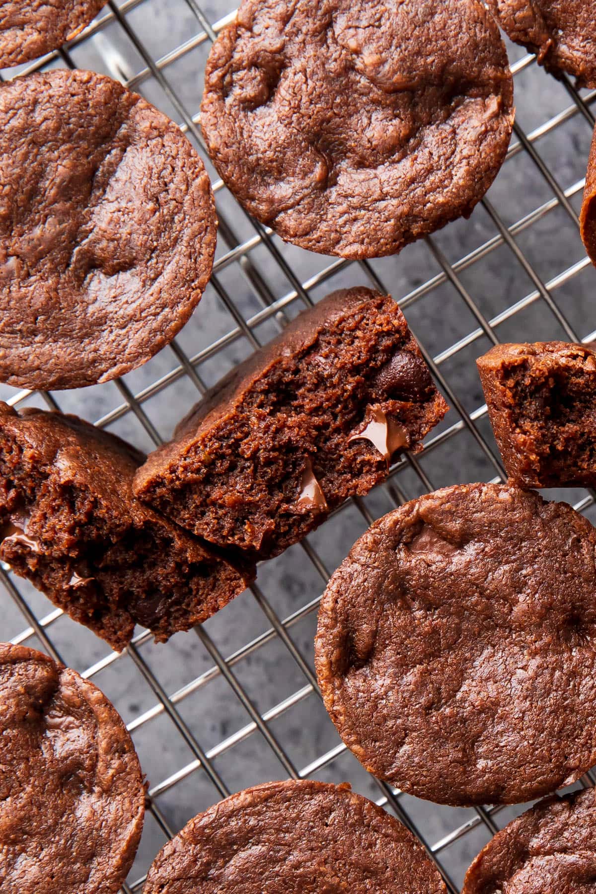 Close up of mini bites brownies to show chewy, fudgy texture.