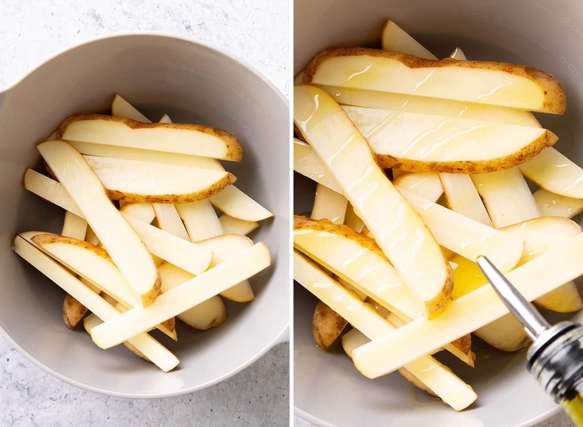 Two photos showing How to Make Air Fryer French Fries – adding potatoes into a mixing bowl and drizzling with oil
