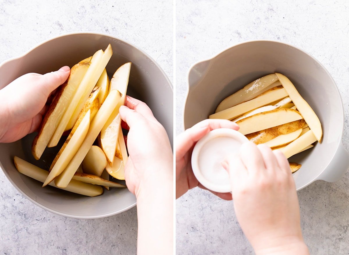 Two photos showing How to Make Homemade French Fries in Air Fryer – tossing potatoes to coat in olive oil and salt