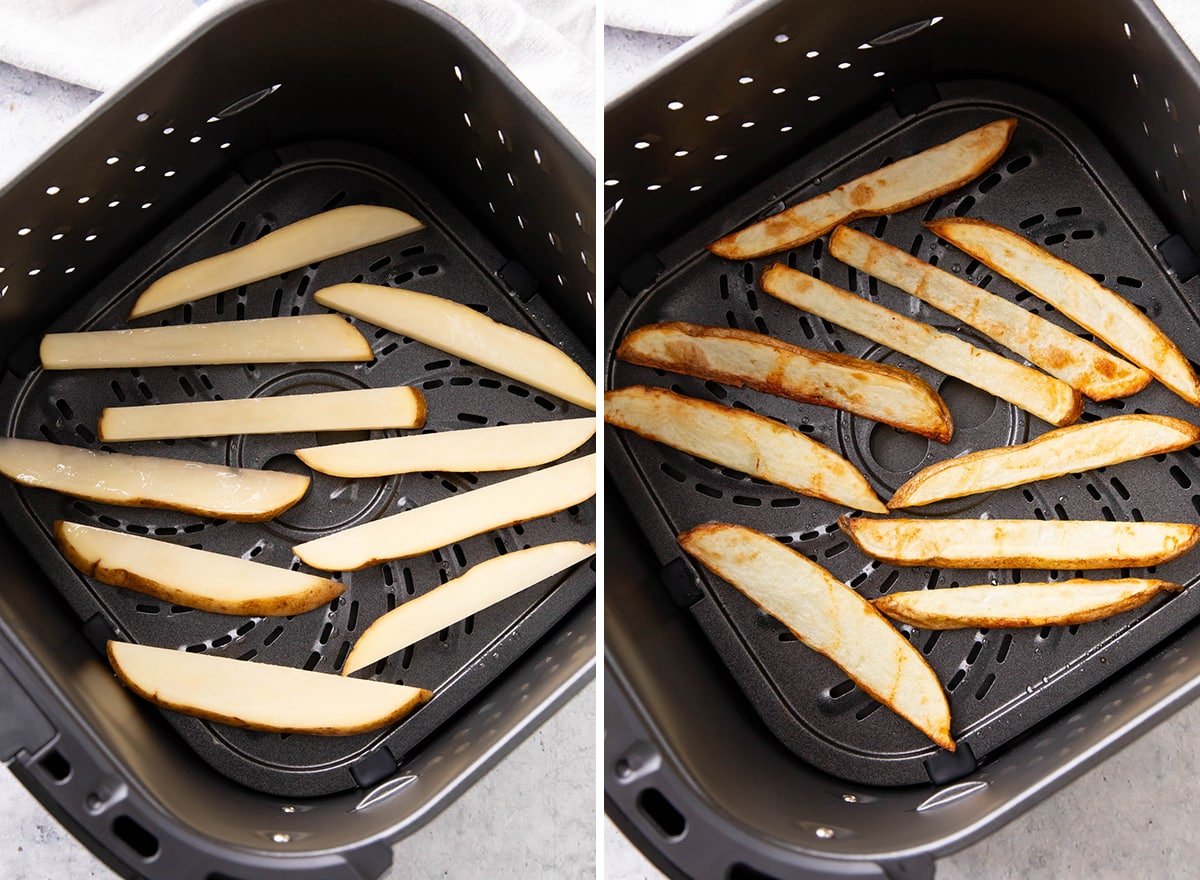 Two photos showing How to Make this homemade side recipe – laying potatoes in a single layer in the basket and showing the potatoes after cooking with crisped, browned edges